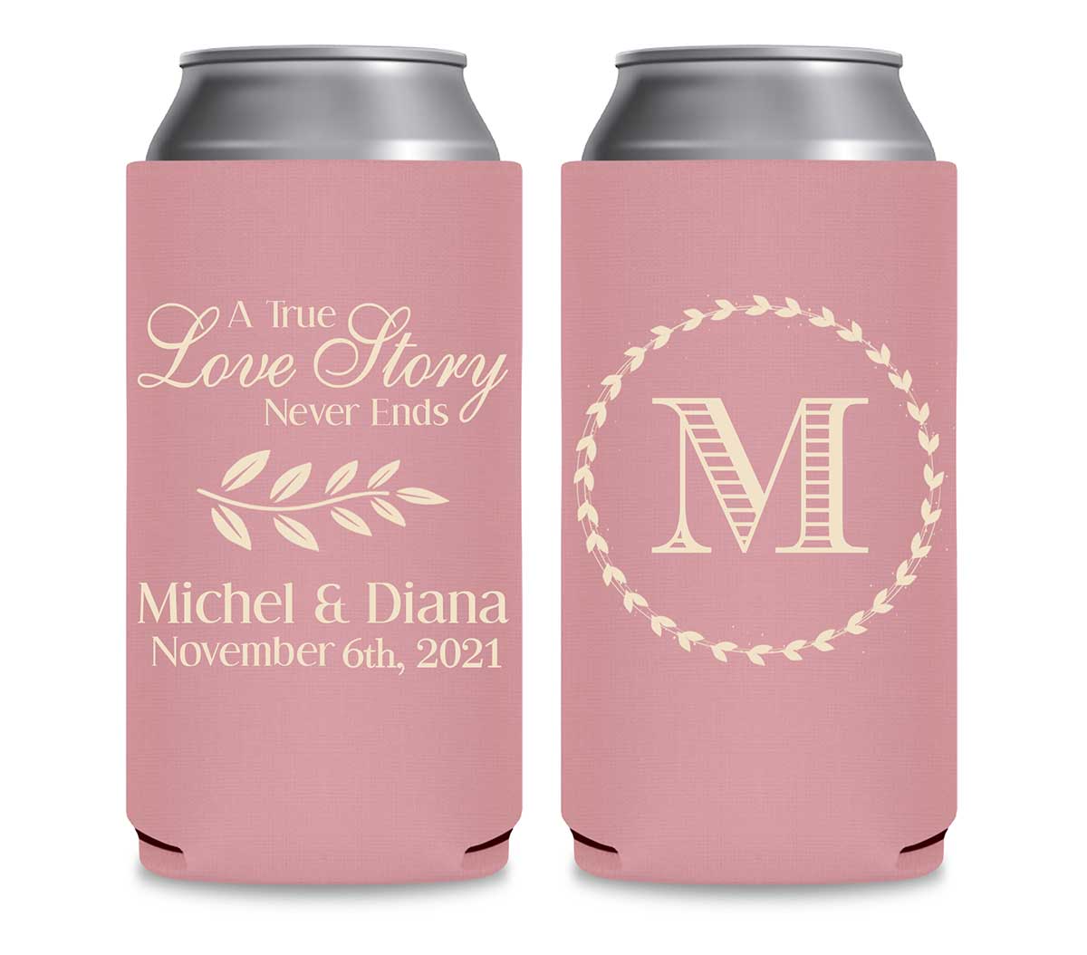 A True Love Story Never Ends 1A Foldable 12 oz Slim Can Koozies Wedding Gifts for Guests