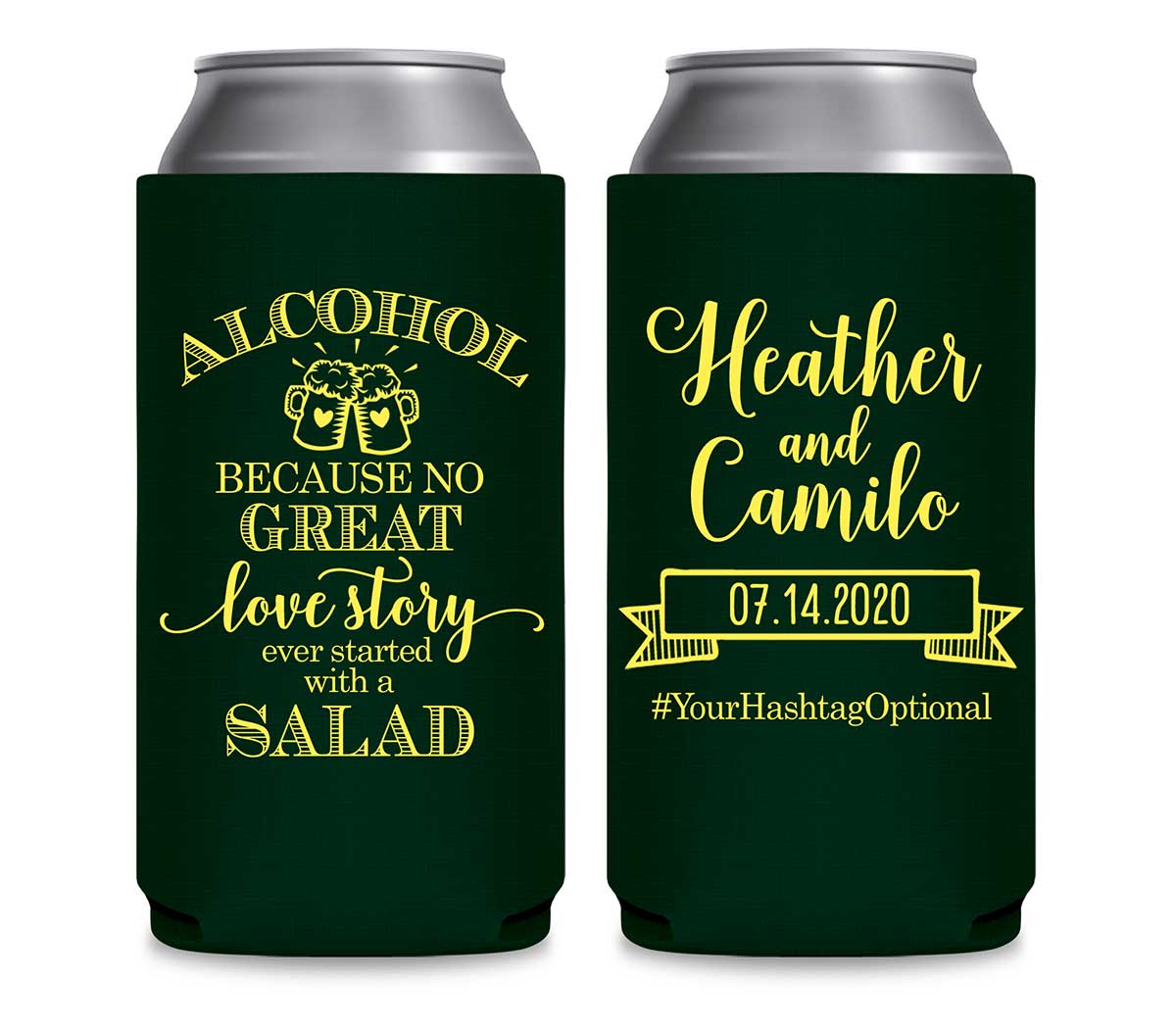Alcohol Love Story No Salad 1A Foldable 12 oz Slim Can Koozies Wedding Gifts for Guests