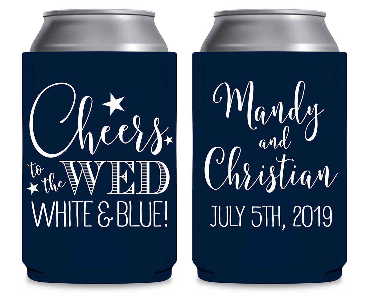 Cheers To The Wed White & Blue 1A Foldable Can Koozies Wedding Gifts for Guests