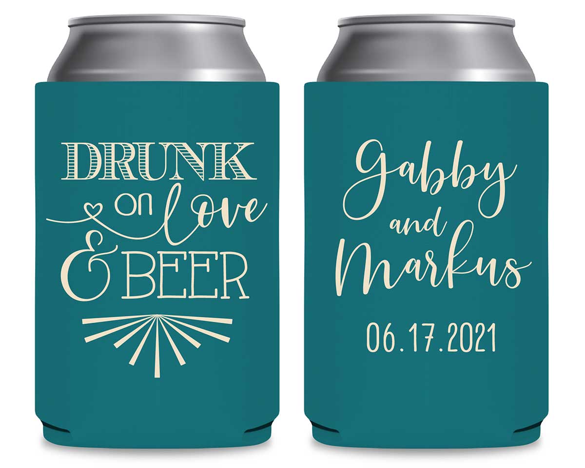 Drunk On Love & Beer 1A Foldable Can Koozies Wedding Gifts for Guests