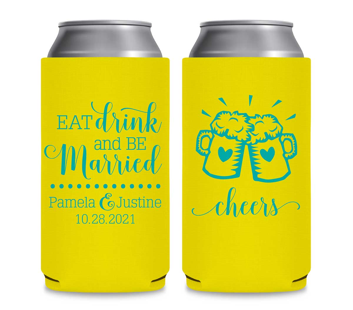 Eat Drink And Be Married 2A Cheers Foldable 12 oz Slim Can Koozies Wedding Gifts for Guests