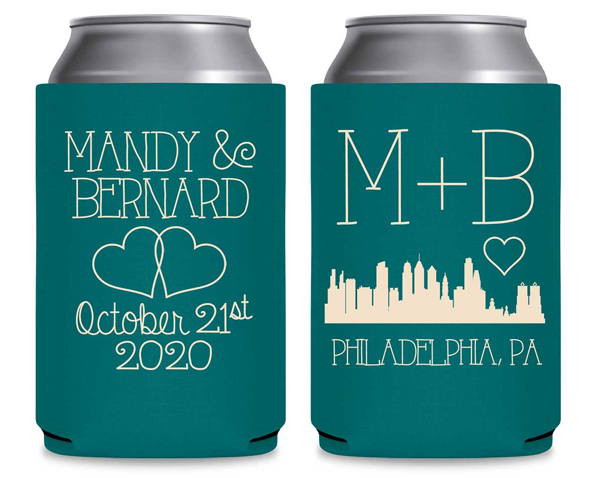 Intertwined Hearts 3A City Skyline Foldable Can Koozies Wedding Gifts for Guests