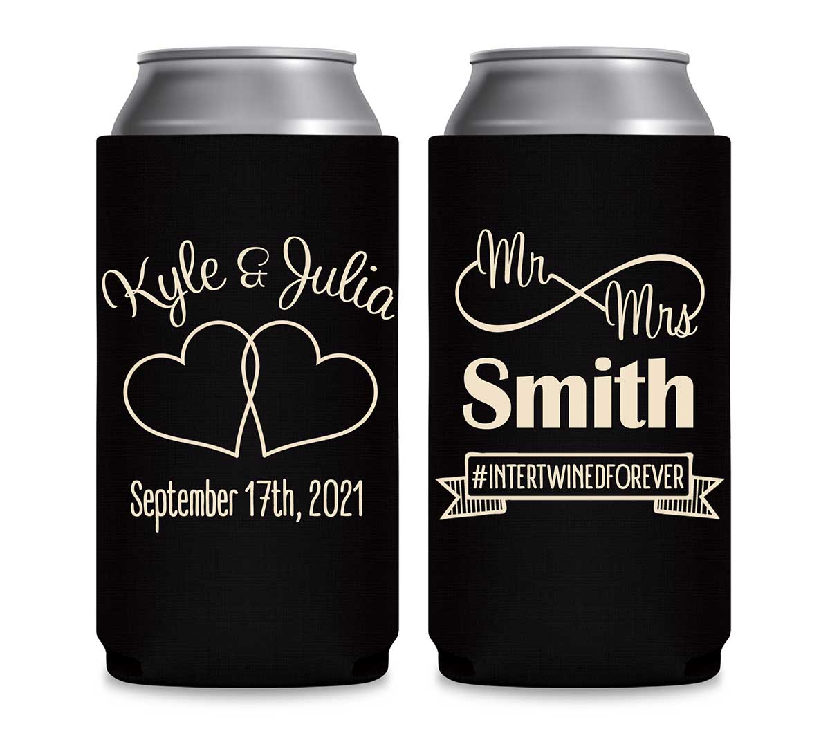 Intertwined Hearts 5A Mr & Mrs Foldable 12 oz Slim Can Koozies Wedding Gifts for Guests