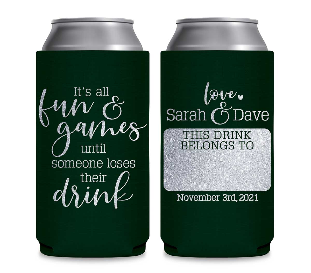 It's All Fun & Games 1B Name Tag Foldable 12 oz Slim Can Koozies Wedding Gifts for Guests