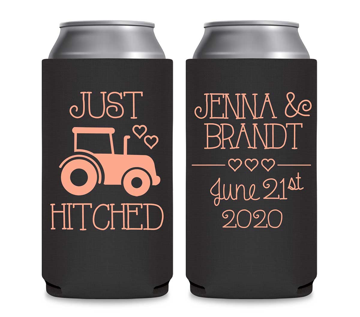 Just Hitched 1B Tractor Design Foldable 12 oz Slim Can Koozies Wedding Gifts for Guests