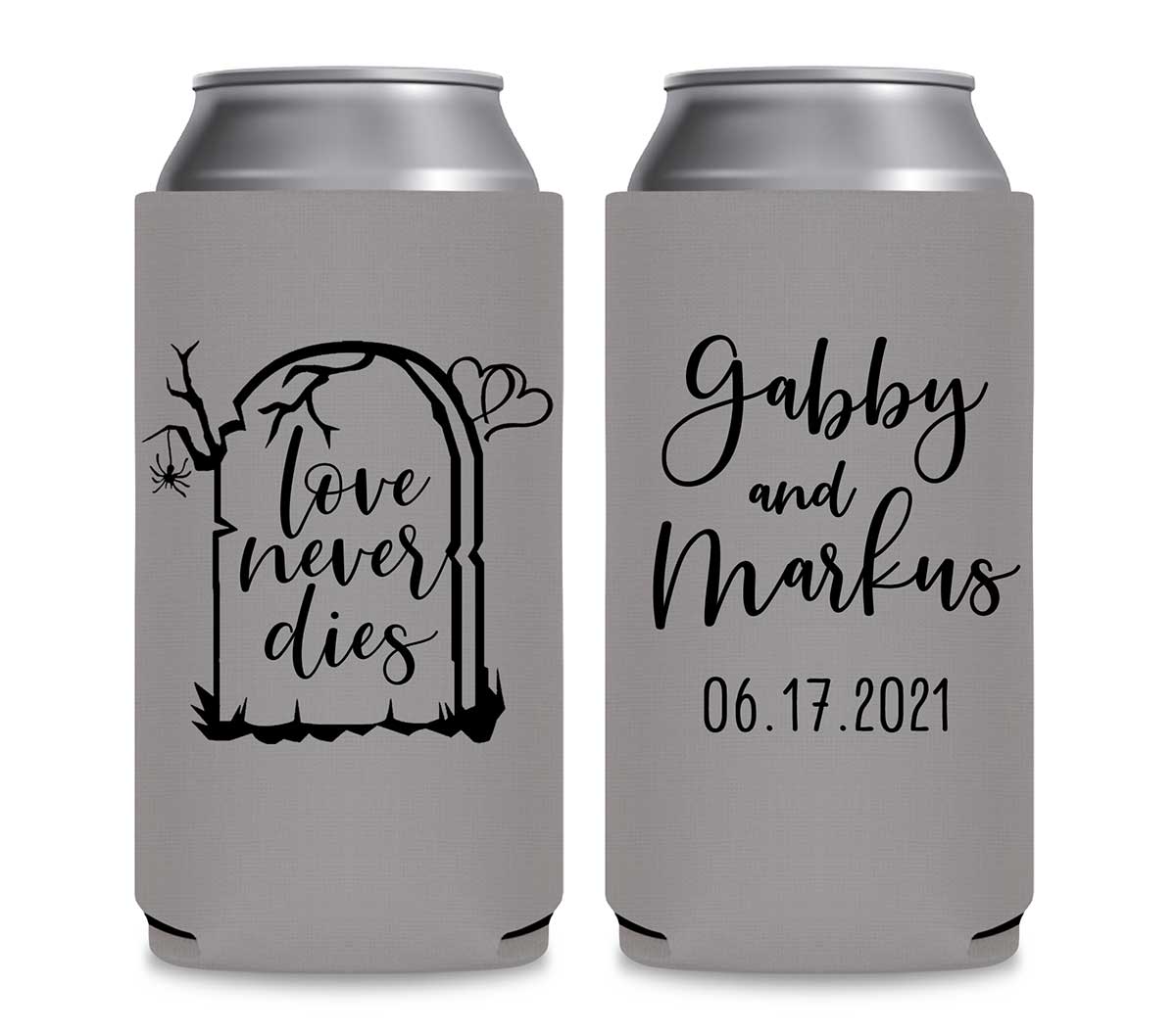 Love Never Dies 1B Foldable 12 oz Slim Can Koozies Wedding Gifts for Guests
