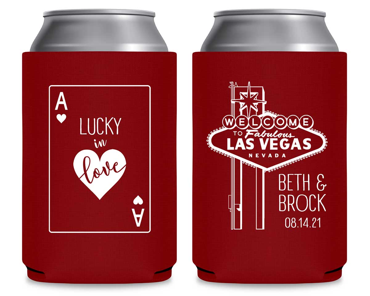 Lucky In Love 1A Vegas Wedding Foldable Can Koozies Wedding Gifts for Guests