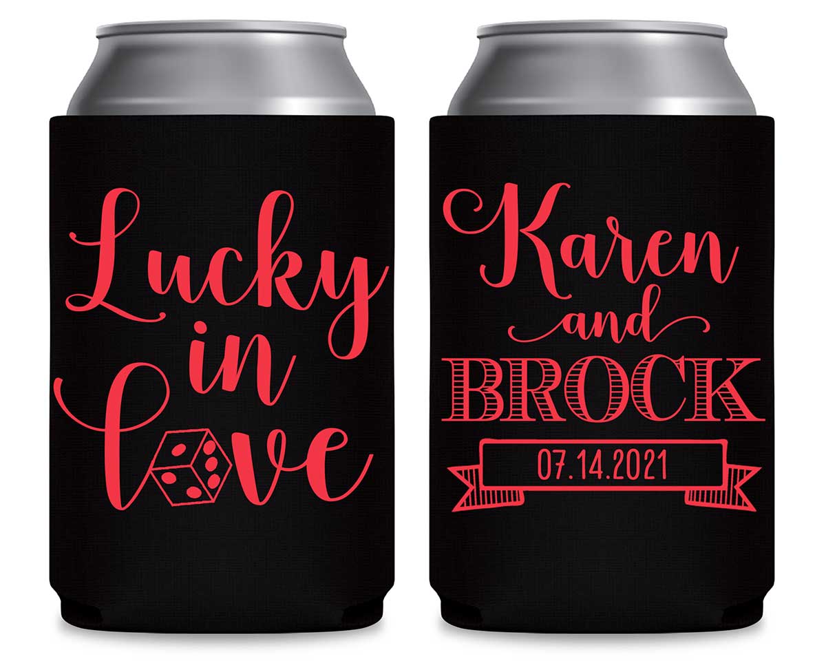 Lucky In Love 3A Casino Wedding Foldable Can Koozies Wedding Gifts for Guests