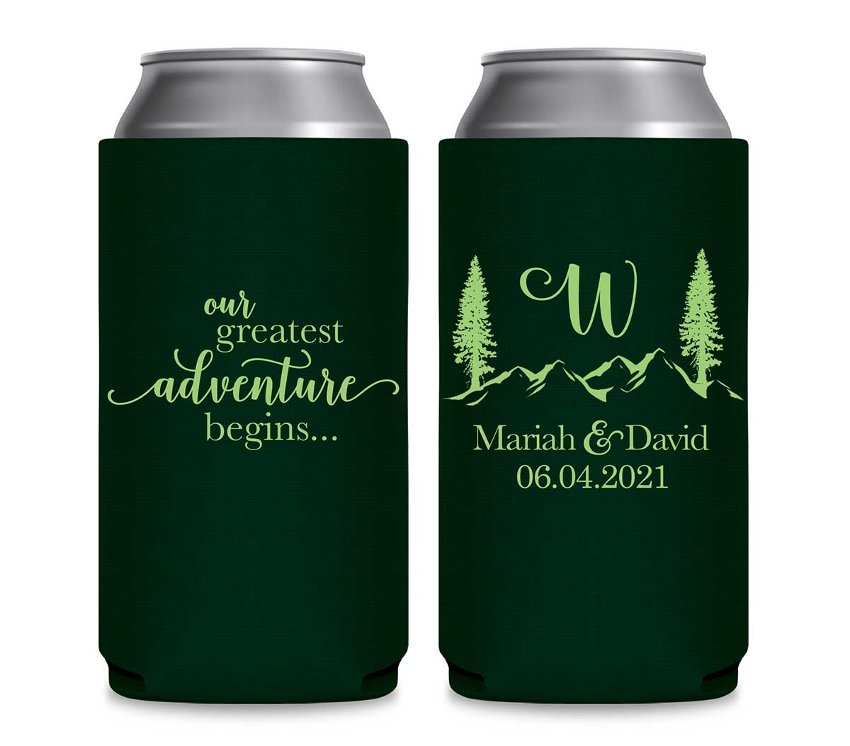 Our Greatest Adventure Begins 1A Foldable 12 oz Slim Can Koozies Wedding Gifts for Guests