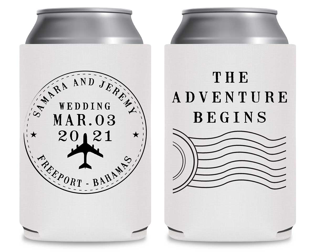 The Adventure Begins 2A Travel Stamp Foldable Can Koozies Wedding Gifts for Guests