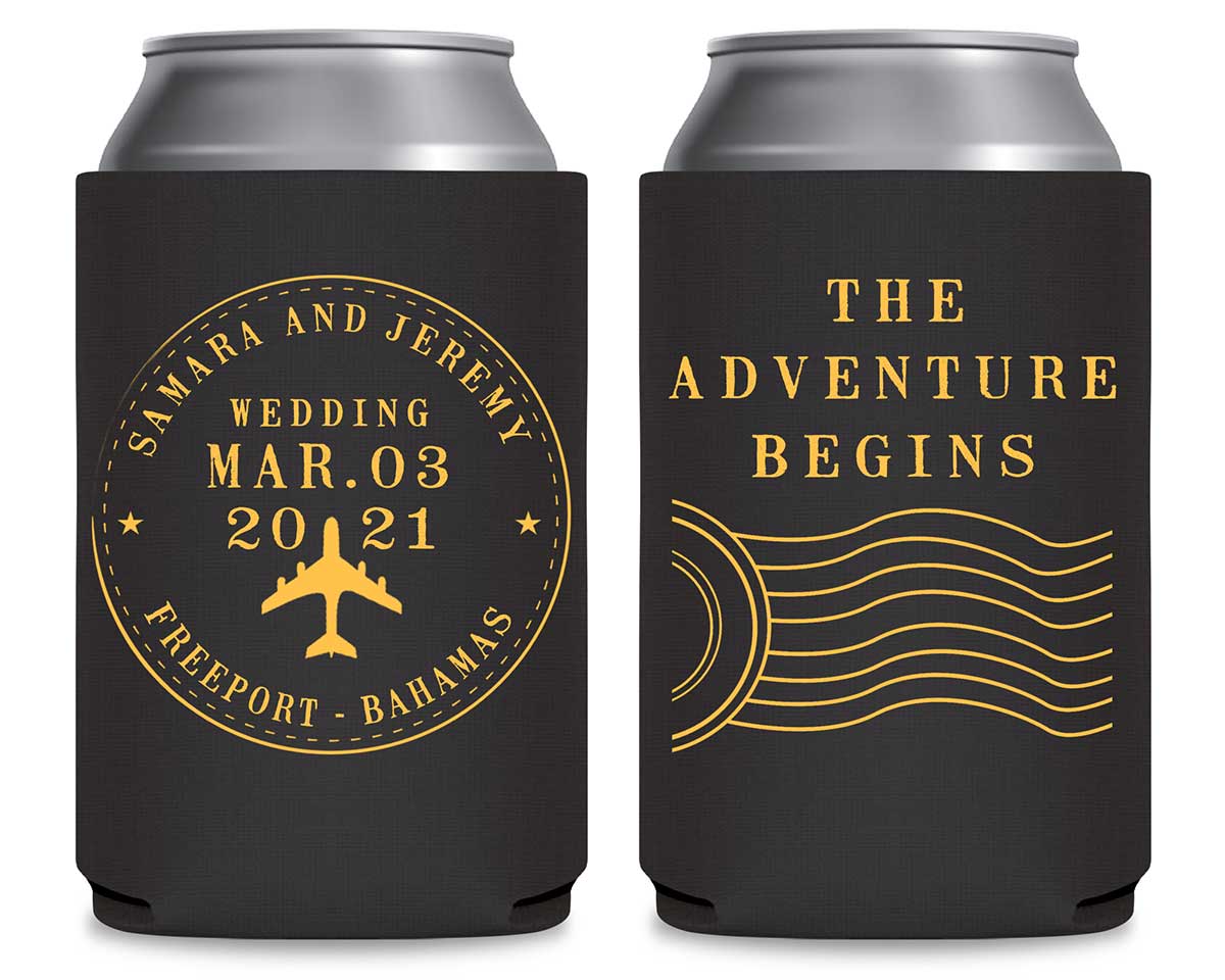 The Adventure Begins 2A Travel Stamp Foldable Can Koozies Wedding Gifts for Guests