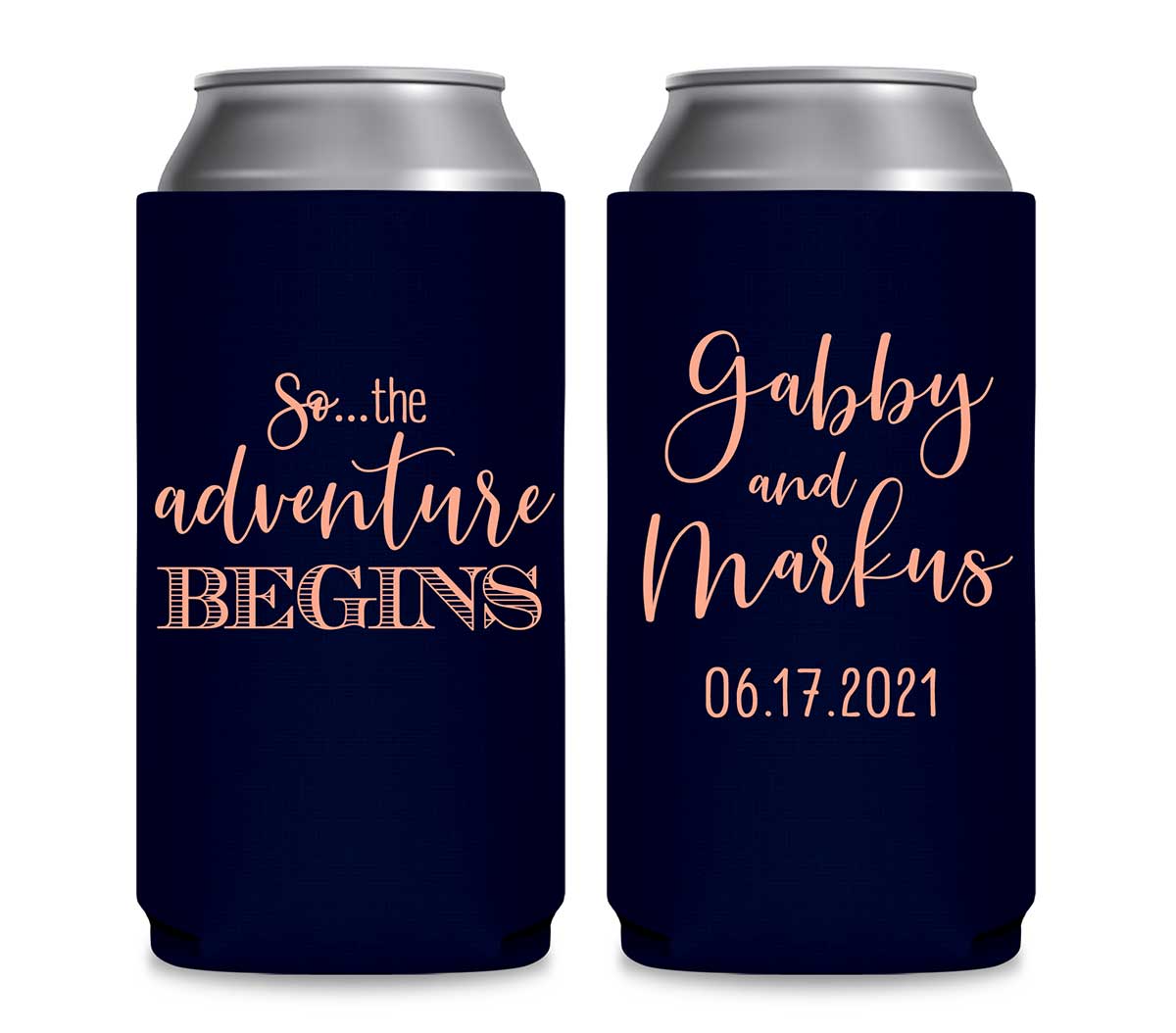The Adventure Begins 3A Foldable 12 oz Slim Can Koozies Wedding Gifts for Guests