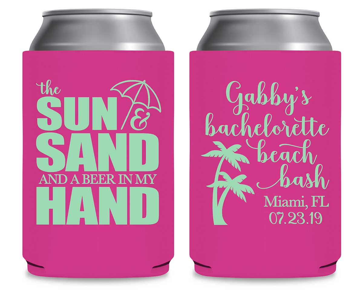The Sun & The Sand Beer In My Hand 1A Bachelorette Foldable Can Koozies Wedding Gifts for Guests