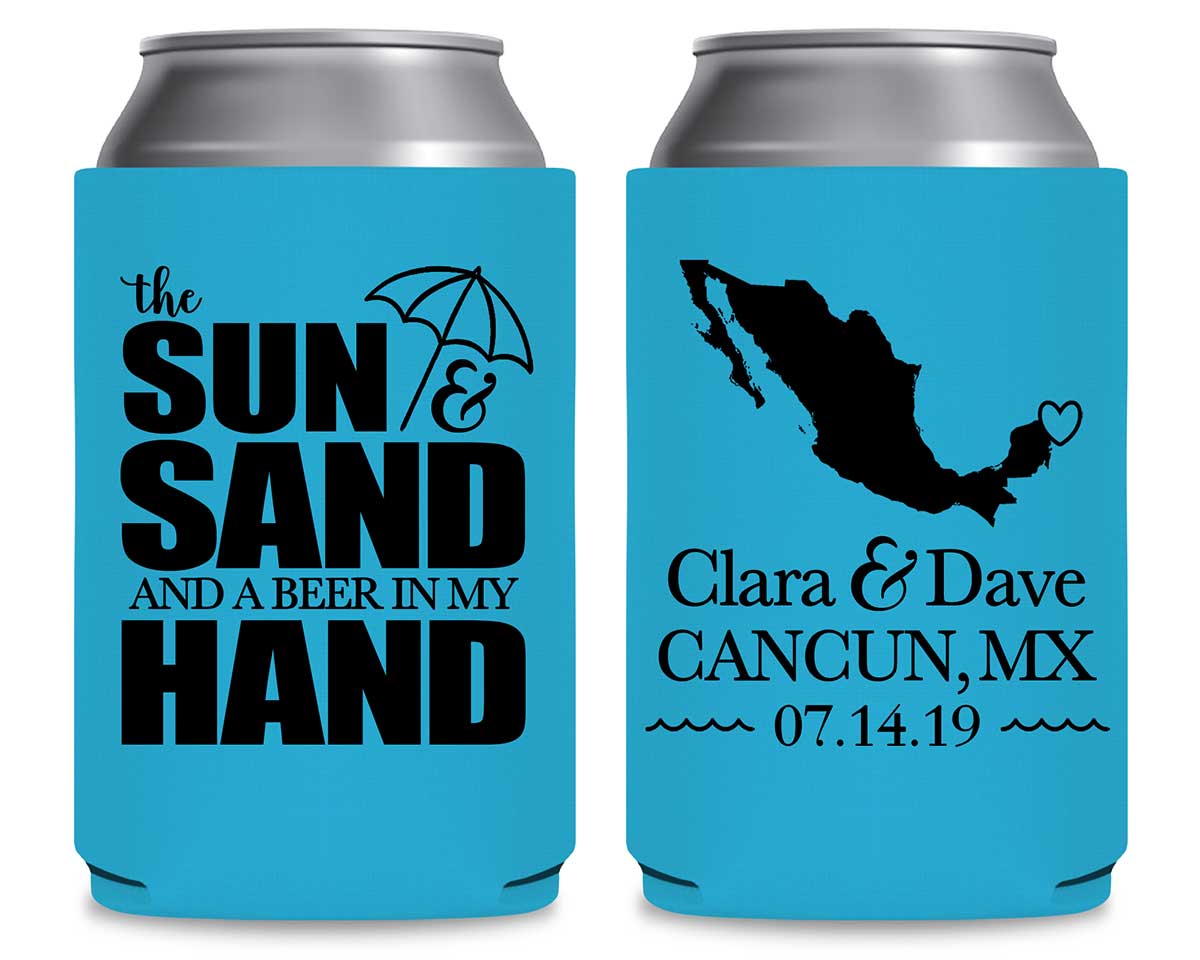 The Sun & The Sand Beer In My Hand 1B Any Map Foldable Can Koozies Wedding Gifts for Guests