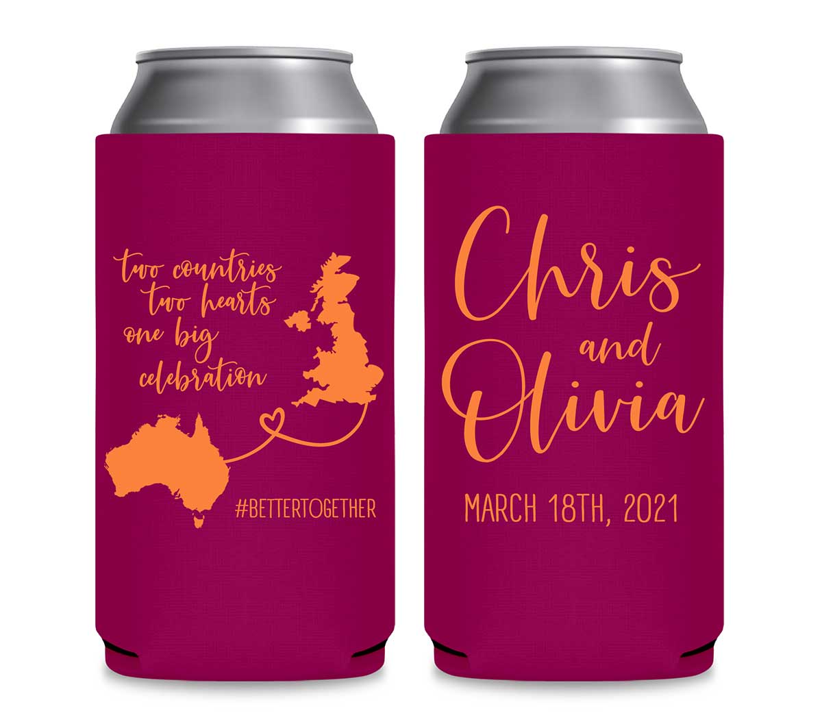Two Countries Two Hearts One Big Celebration 1A Foldable 12 oz Slim Can Koozies Wedding Gifts for Guests