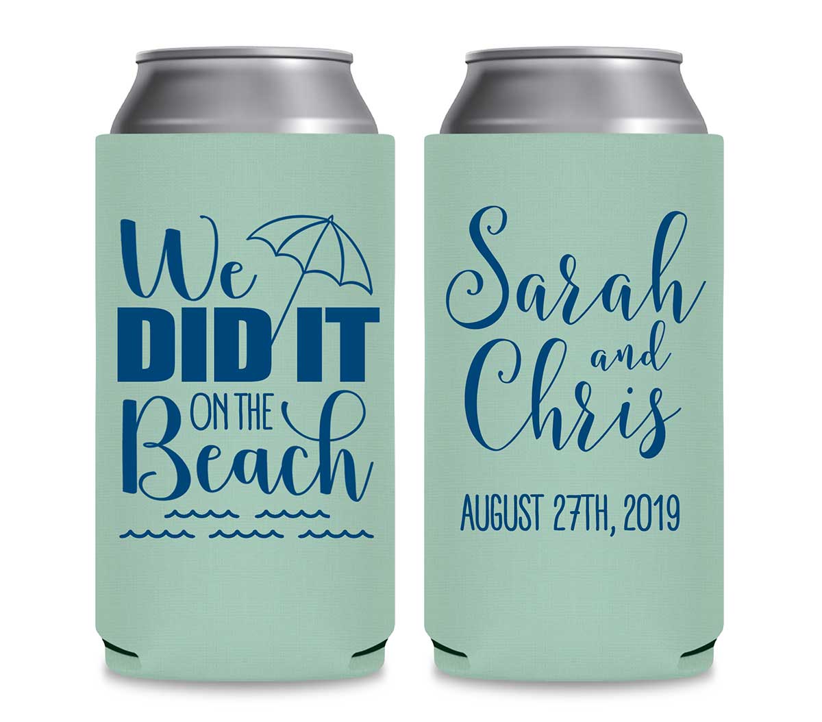 We Did It On The Beach 1B Foldable 12 oz Slim Can Koozies Wedding Gifts for Guests