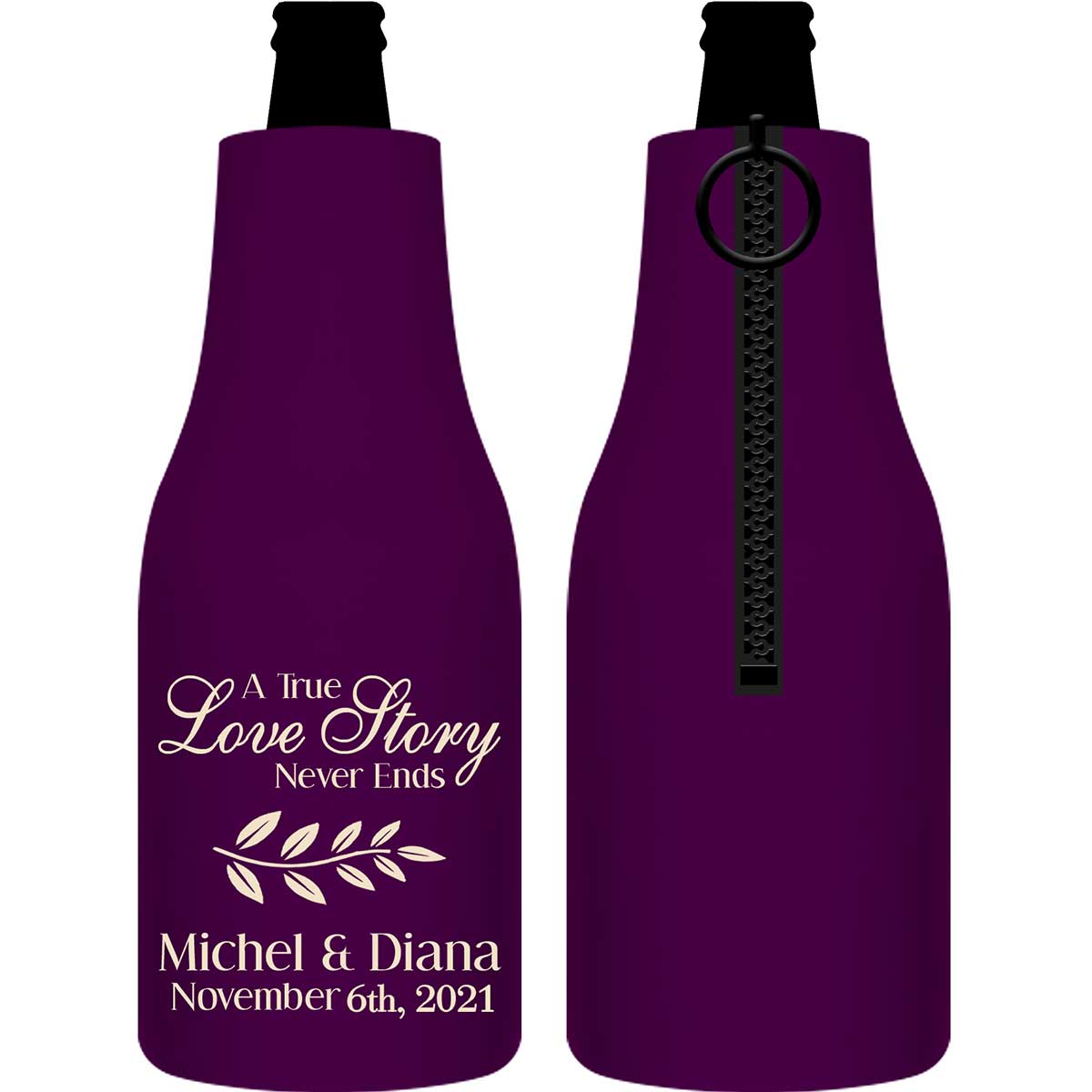 A True Love Story Never Ends 1A Foldable Zippered Bottle Koozies Wedding Gifts for Guests