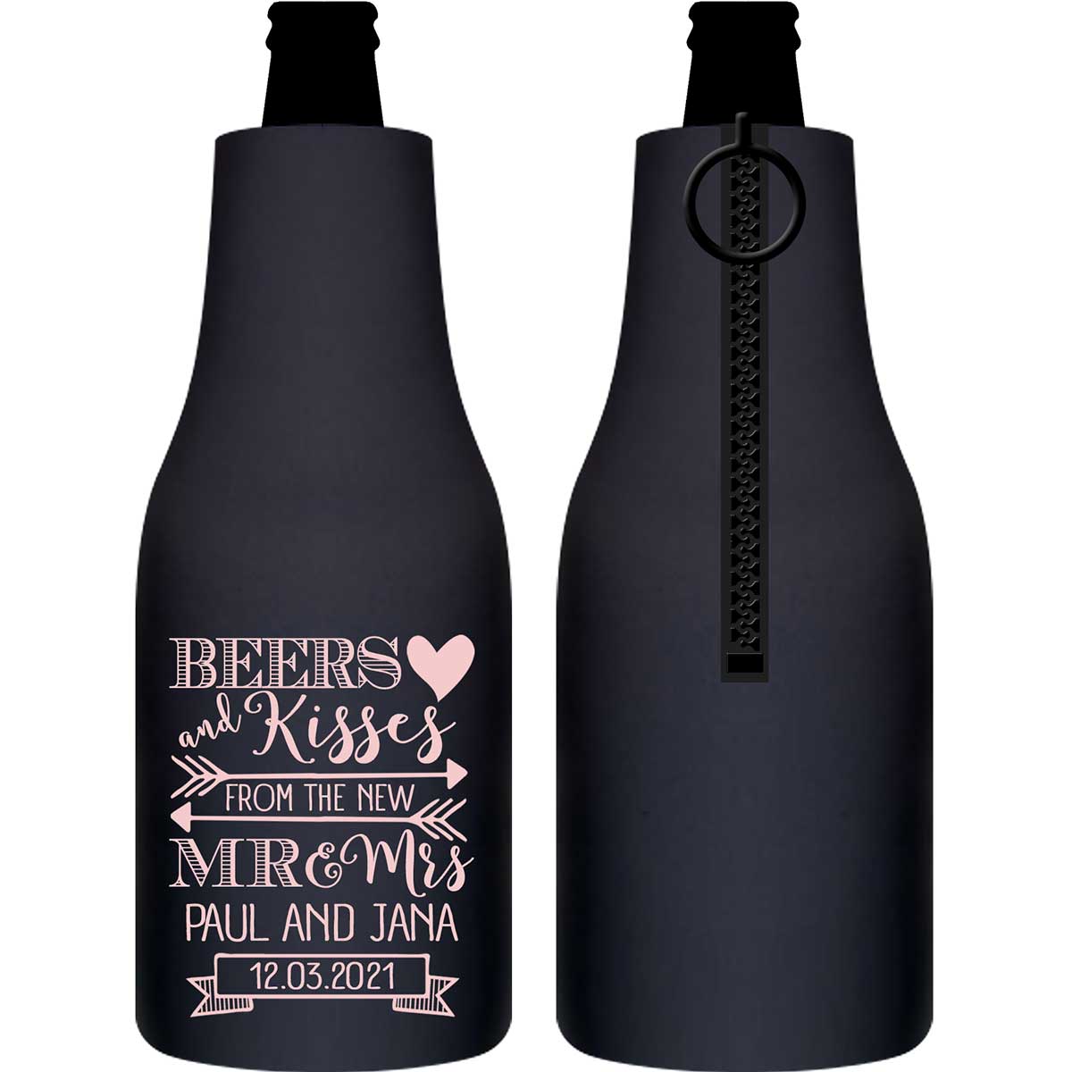 Beers & Kisses From The Mr & Mrs 1A Foldable Zippered Bottle Koozies Wedding Gifts for Guests