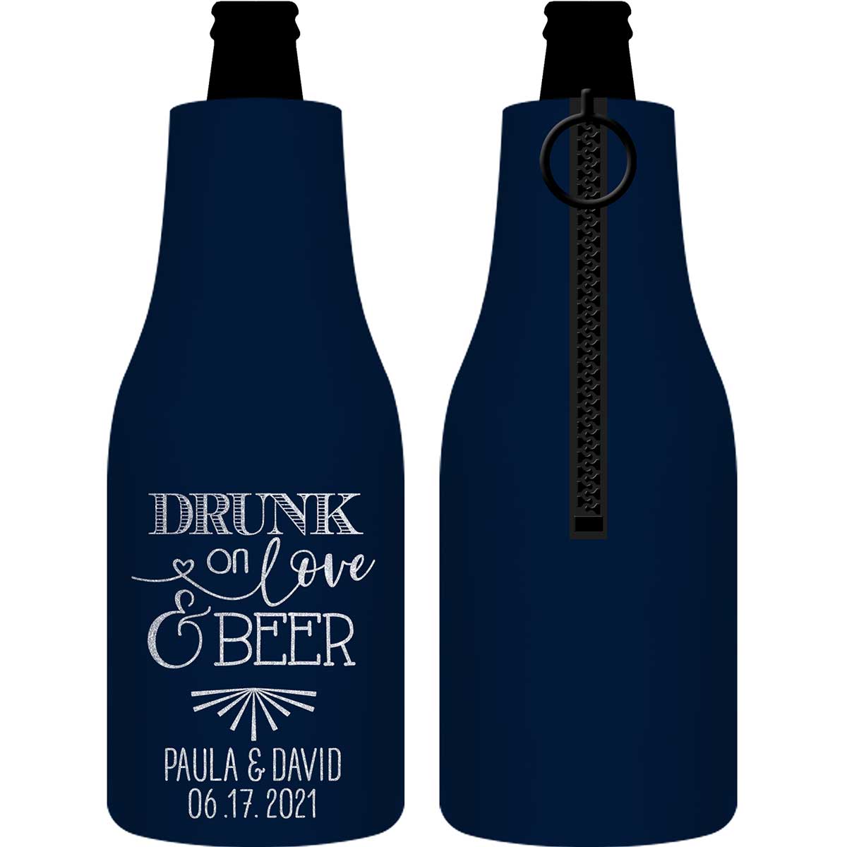 Drunk On Love & Beer 1A Foldable Zippered Bottle Koozies Wedding Gifts for Guests