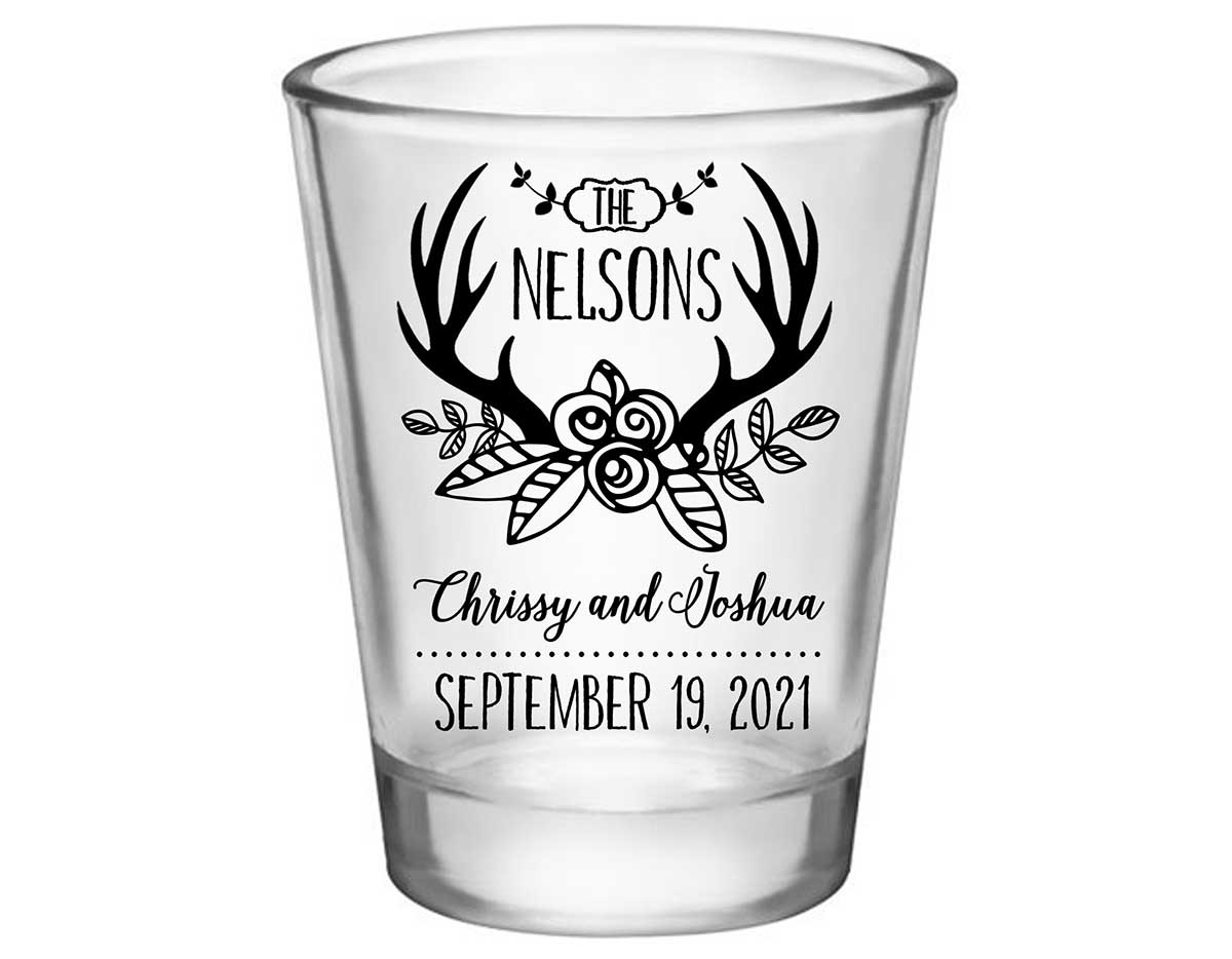 Floral Antlers 1A Standard 1.75oz Clear Shot Glasses Rustic Wedding Gifts for Guests