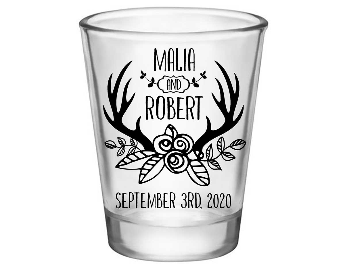 Floral Antlers 1B Standard 1.75oz Clear Shot Glasses Rustic Wedding Gifts for Guests