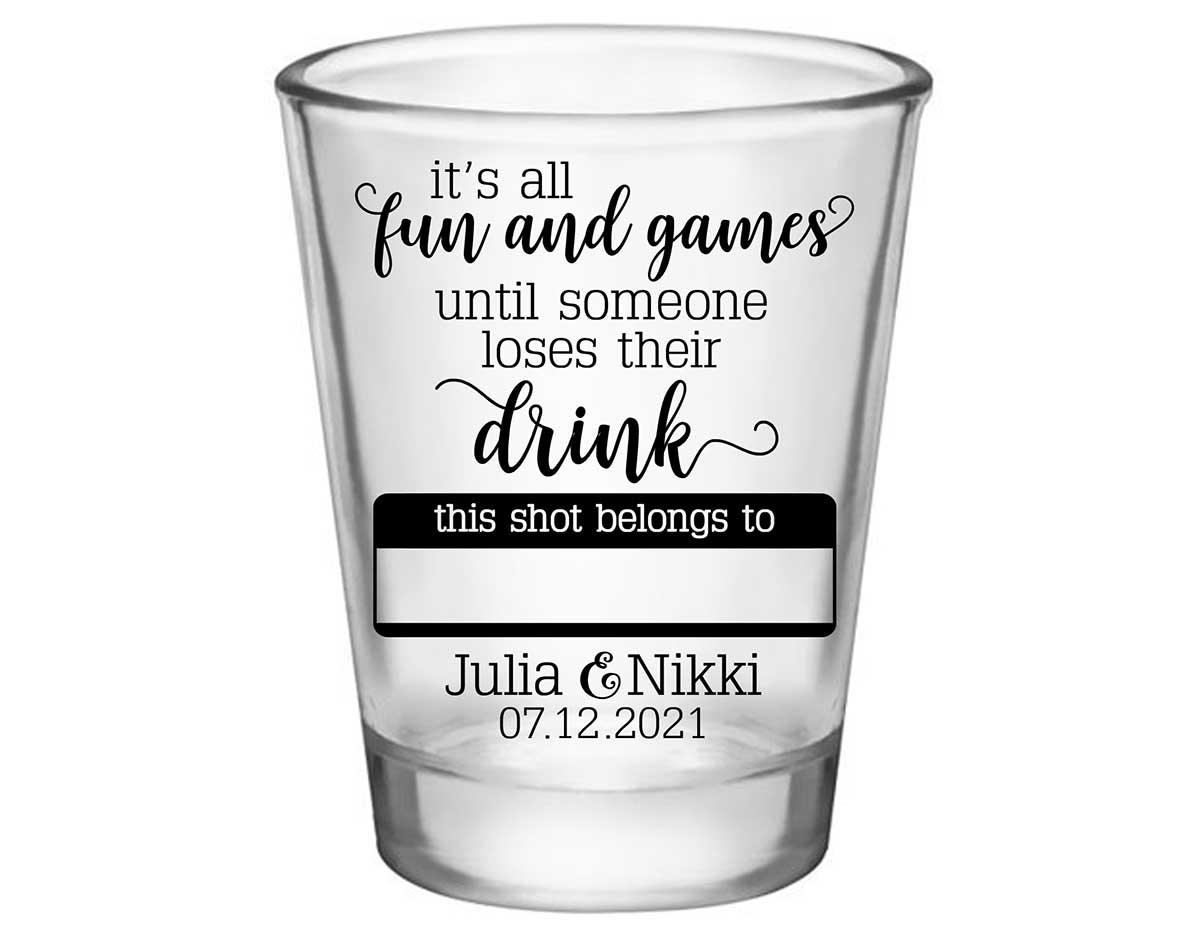 It's All Fun & Games 1A Name Tag Standard 1.75oz Clear Shot Glasses Funny Wedding Gifts for Guests