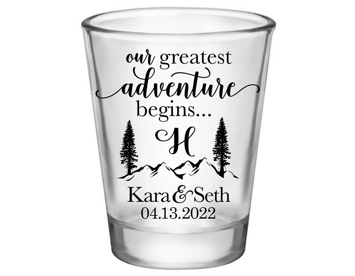 Our Greatest Adventure Begins 1B Standard 1.75oz Clear Shot Glasses Destination Wedding Gifts for Guests
