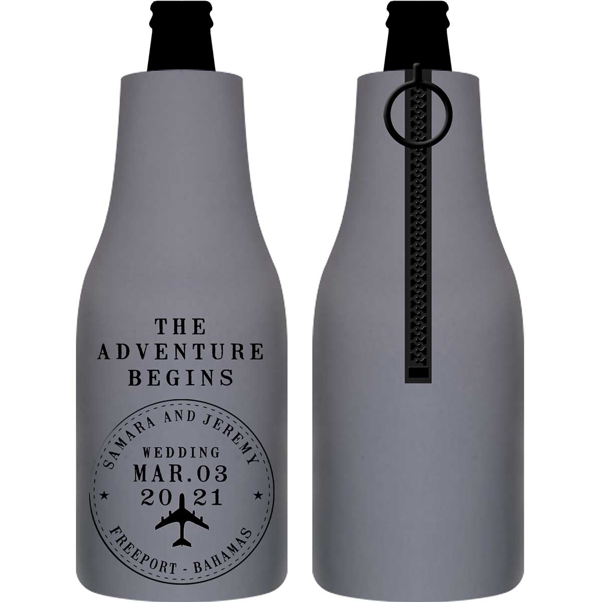 The Adventure Begins 2A Travel Stamp Foldable Zippered Bottle Koozies Wedding Gifts for Guests