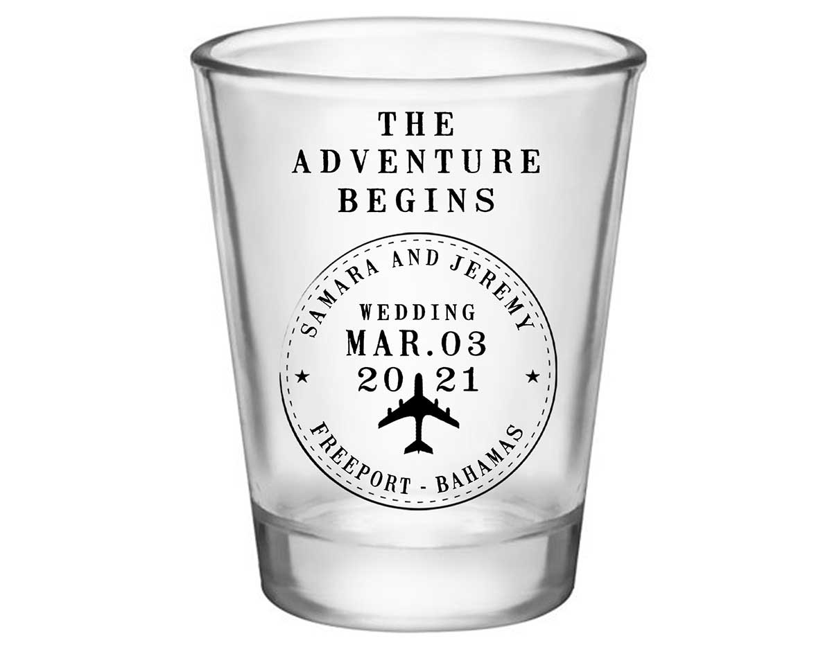 The Adventure Begins 2A Travel Stamp Standard 1.75oz Clear Shot Glasses Destination Wedding Gifts for Guests