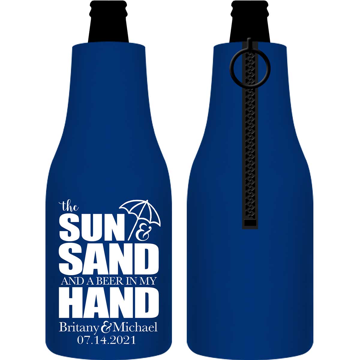 The Sun & The Sand Beer In My Hand 1A Foldable Zippered Bottle Koozies Wedding Gifts for Guests