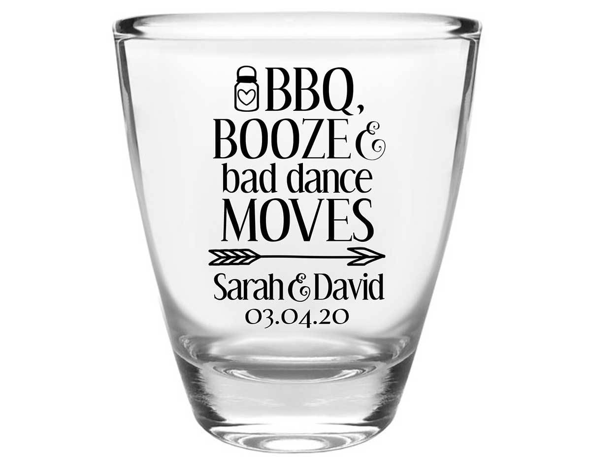 BBQ Booze & Bad Dance Moves 1A Clear 1oz Round Barrel Shot Glasses Rustic Engagement Party Gifts for Guests