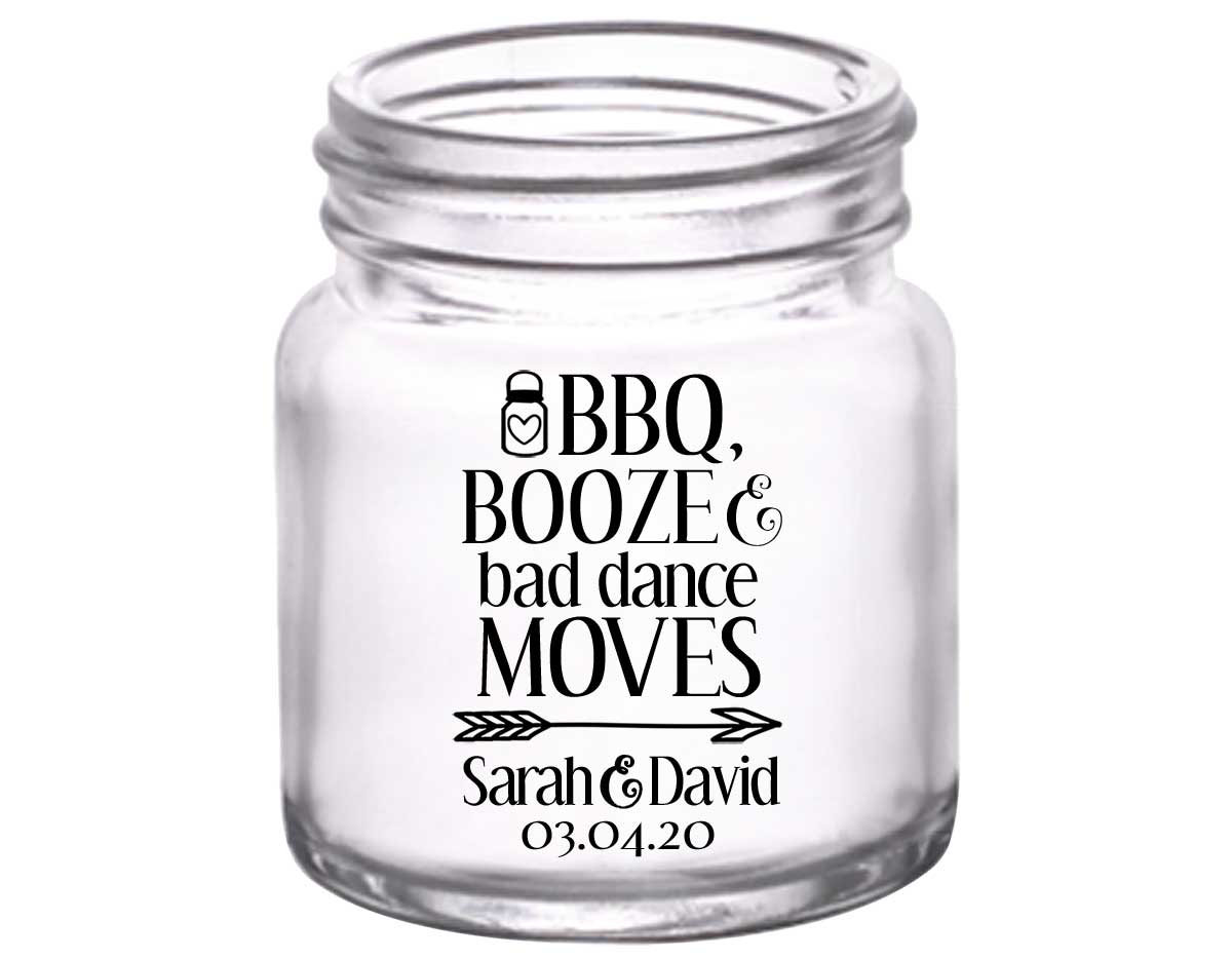 BBQ Booze & Bad Dance Moves 1A 2oz Mini Mason Shot Glasses Rustic Engagement Party Gifts for Guests