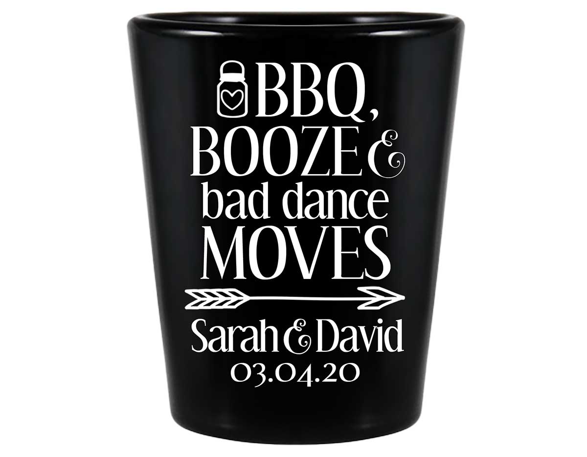 BBQ Booze & Bad Dance Moves 1A Standard 1.5oz Black Shot Glasses Rustic Engagement Party Gifts for Guests