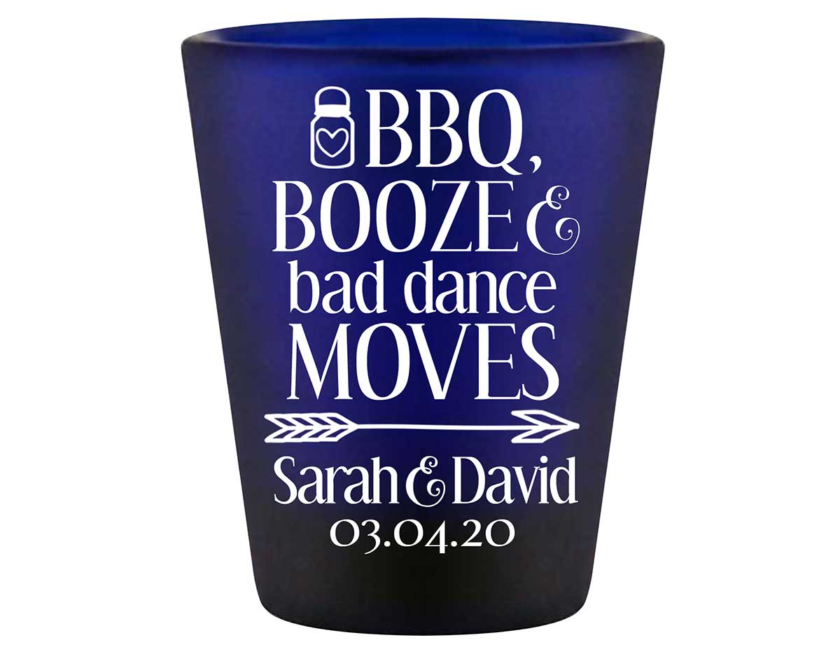 BBQ Booze & Bad Dance Moves 1A Standard 1.5oz Blue Shot Glasses Rustic Engagement Party Gifts for Guests
