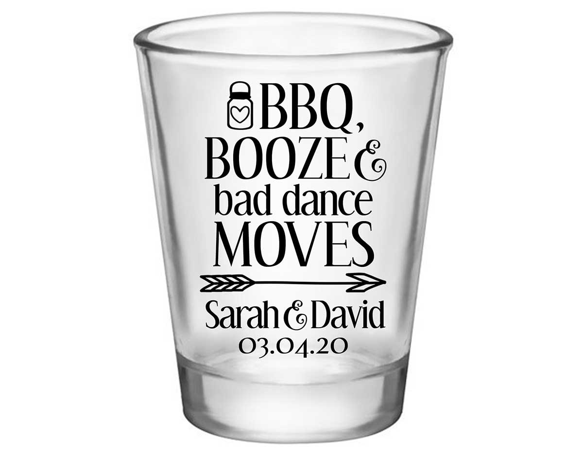 BBQ Booze & Bad Dance Moves 1A Standard 1.75oz Clear Shot Glasses Rustic Engagement Party Gifts for Guests