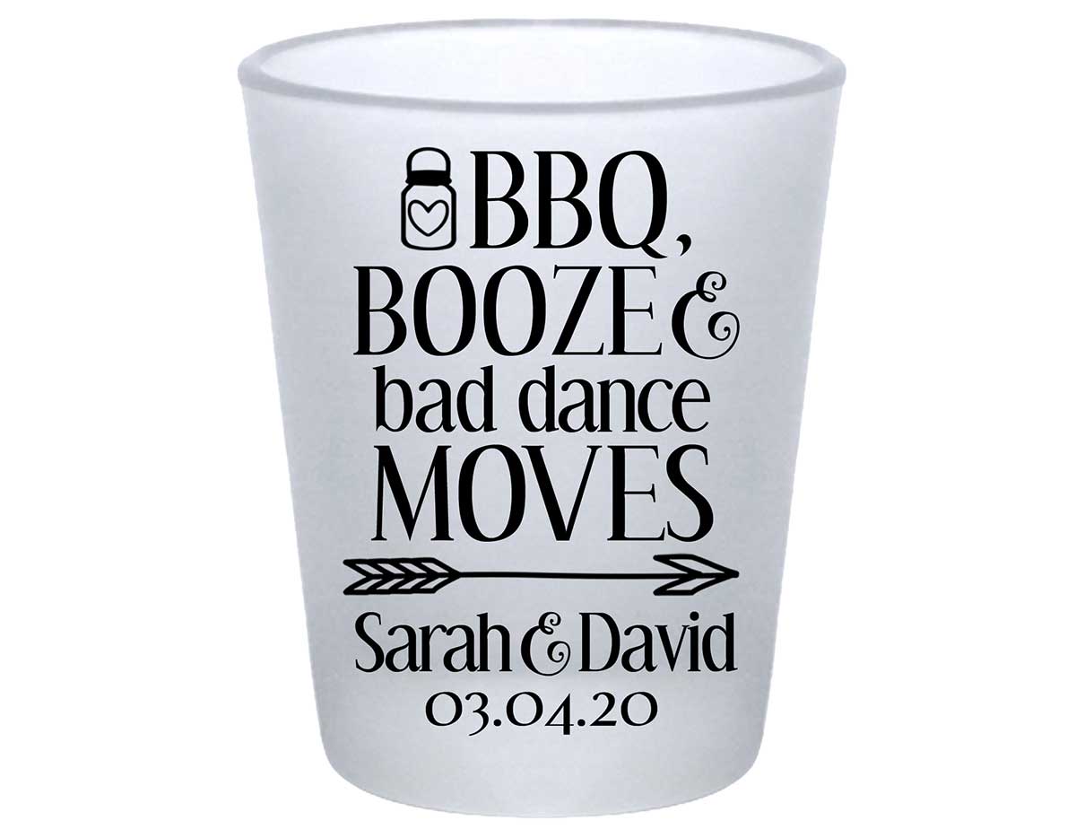 BBQ Booze & Bad Dance Moves 1A Standard 1.75oz Frosted Shot Glasses Rustic Engagement Party Gifts for Guests