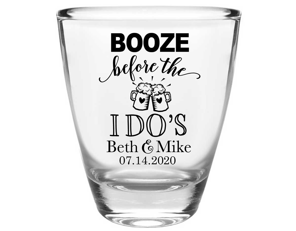 Booze Before The I Do's 1A Clear 1oz Round Barrel Shot Glasses Rustic Engagement Party Gifts for Guests