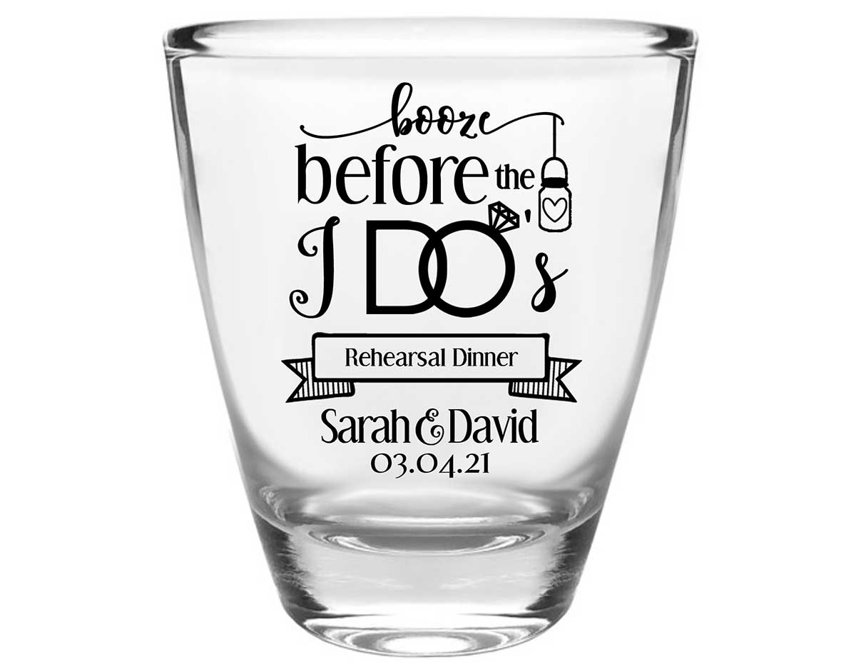 Booze Before The I Do's 2A Clear 1oz Round Barrel Shot Glasses Rustic Engagement Party Gifts for Guests