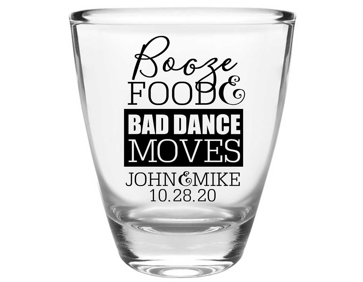 Booze Food & Bad Dance Moves 1A Clear 1oz Round Barrel Shot Glasses Funny Wedding Gifts for Guests