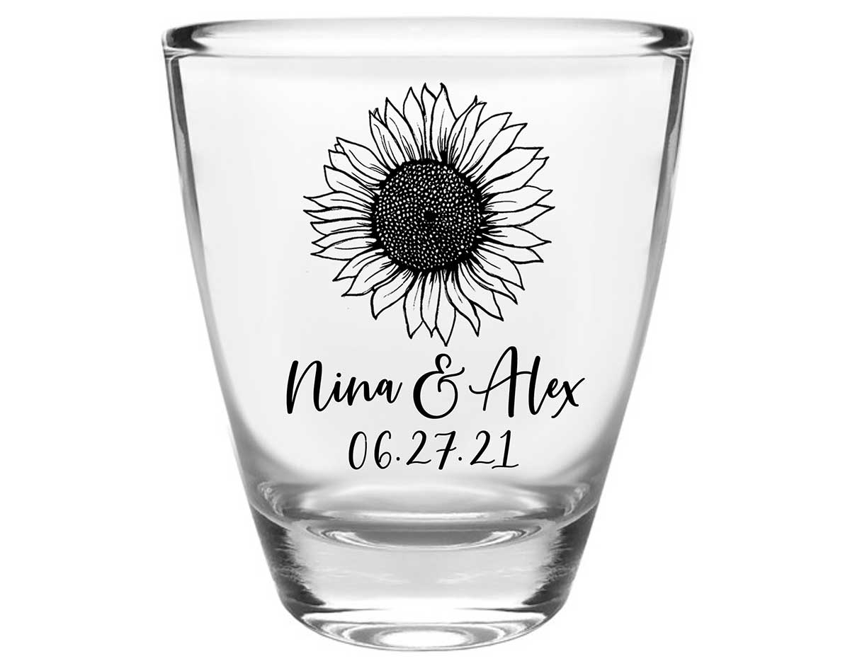 Country Sunflower 1A Clear 1oz Round Barrel Shot Glasses Rustic Wedding Gifts for Guests
