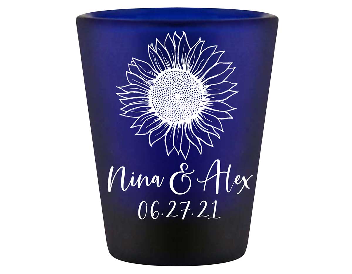Country Sunflower 1A Standard 1.5oz Blue Shot Glasses Rustic Wedding Gifts for Guests