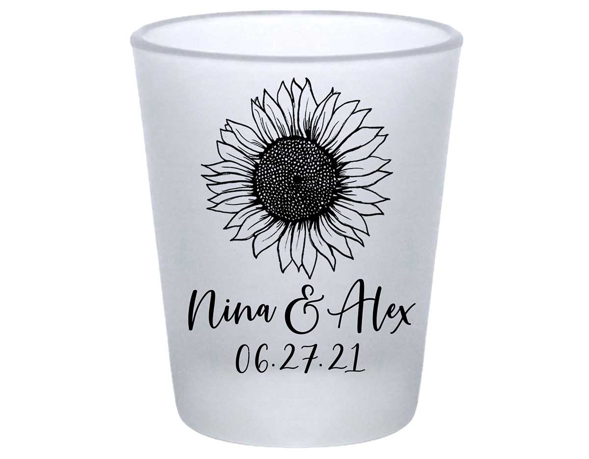 Country Sunflower 1A Standard 1.75oz Frosted Shot Glasses Rustic Wedding Gifts for Guests