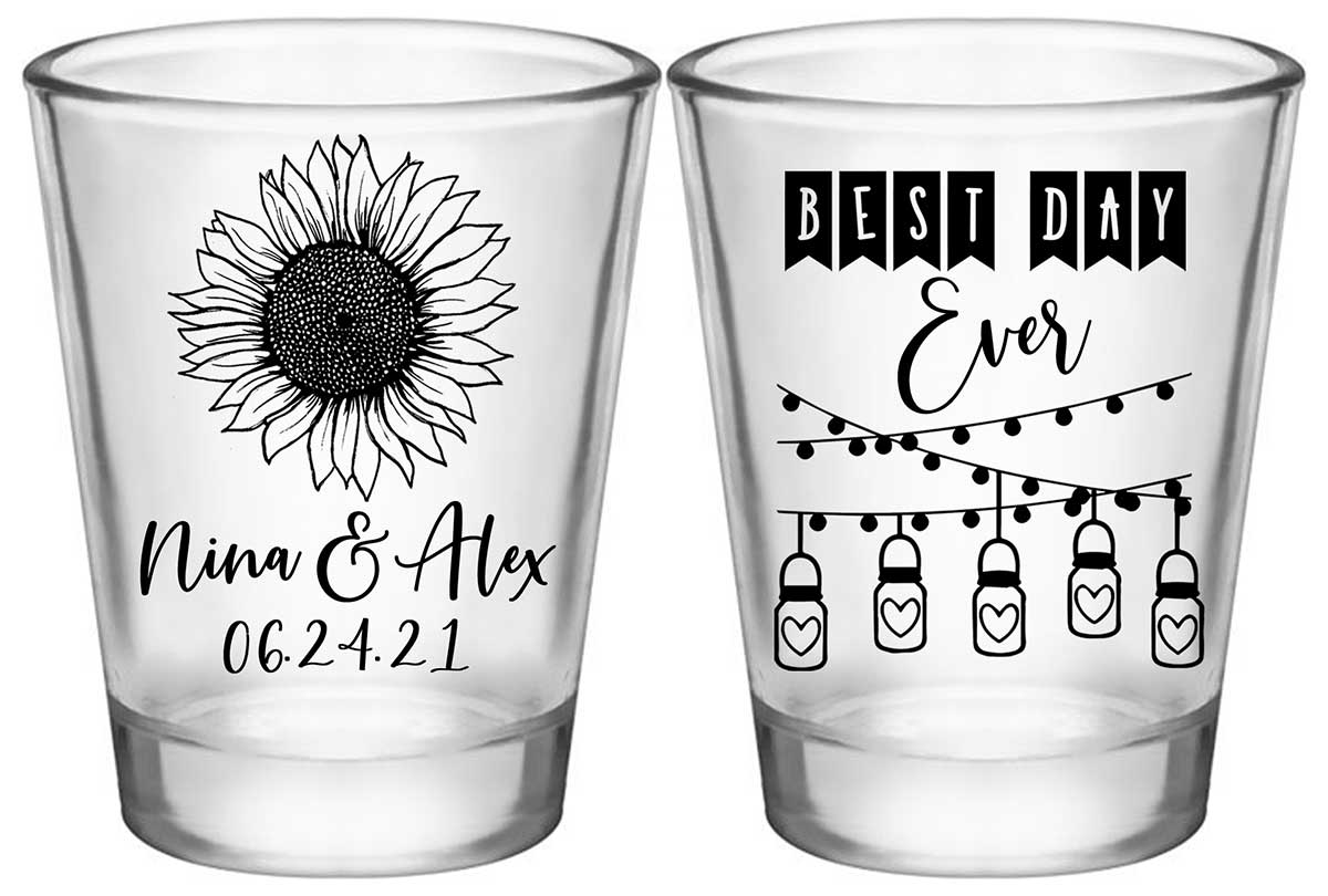 Country Sunflower 1A2 Best Day Ever Standard 1.75oz Clear Shot Glasses Rustic Wedding Gifts for Guests