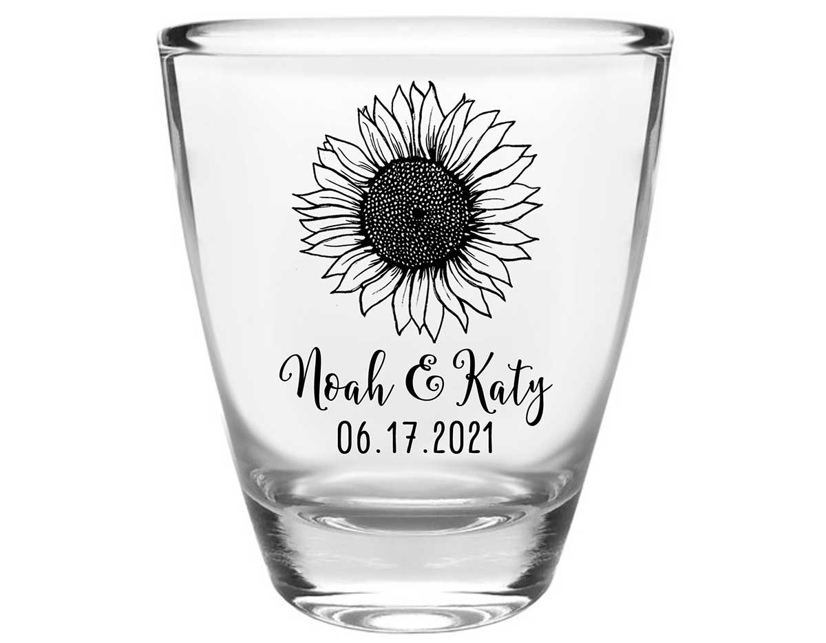 Country Sunflower 1B Clear 1oz Round Barrel Shot Glasses Rustic Wedding Gifts for Guests