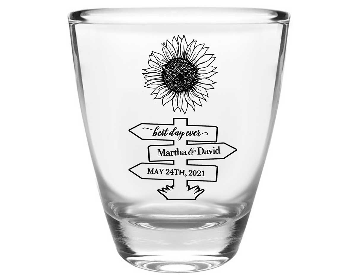 Country Sunflower 1D Post Sign Clear 1oz Round Barrel Shot Glasses Rustic Wedding Gifts for Guests