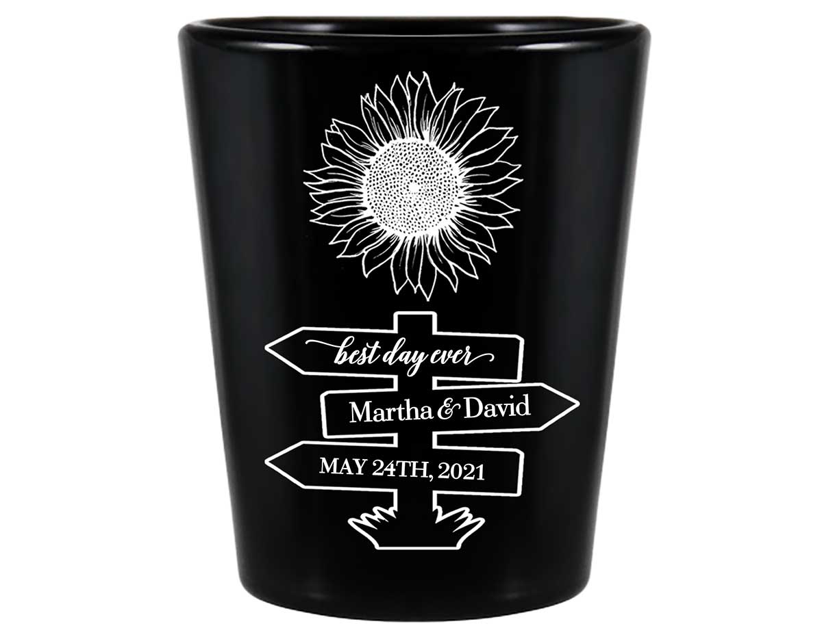 Country Sunflower 1D Post Sign Standard 1.5oz Black Shot Glasses Rustic Wedding Gifts for Guests