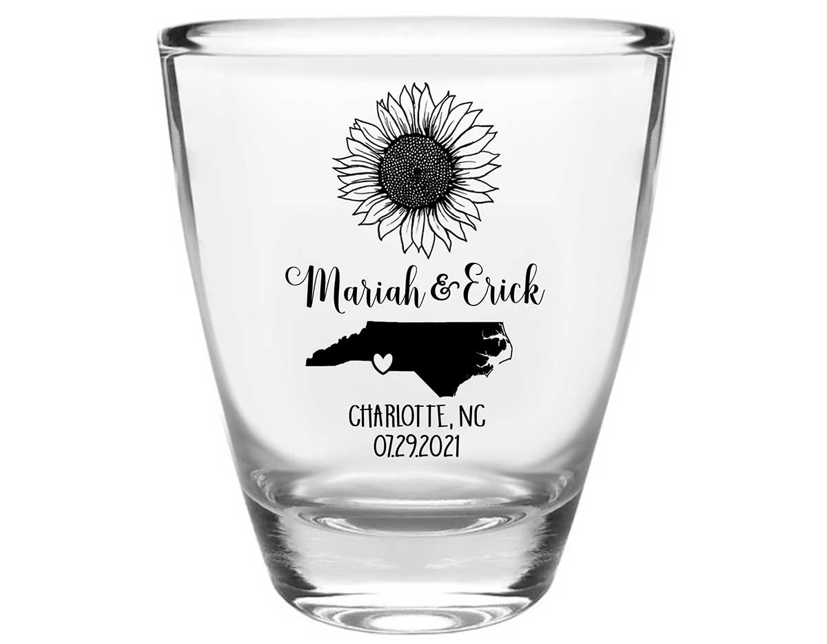 Country Sunflower 1E Any Map Clear 1oz Round Barrel Shot Glasses Rustic Wedding Gifts for Guests