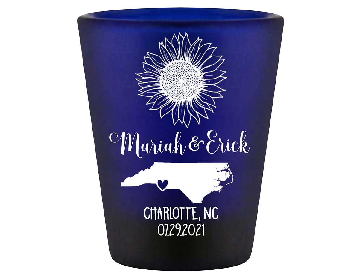 Country Sunflower 1E Any Map Standard 1.5oz Blue Shot Glasses Rustic Wedding Gifts for Guests