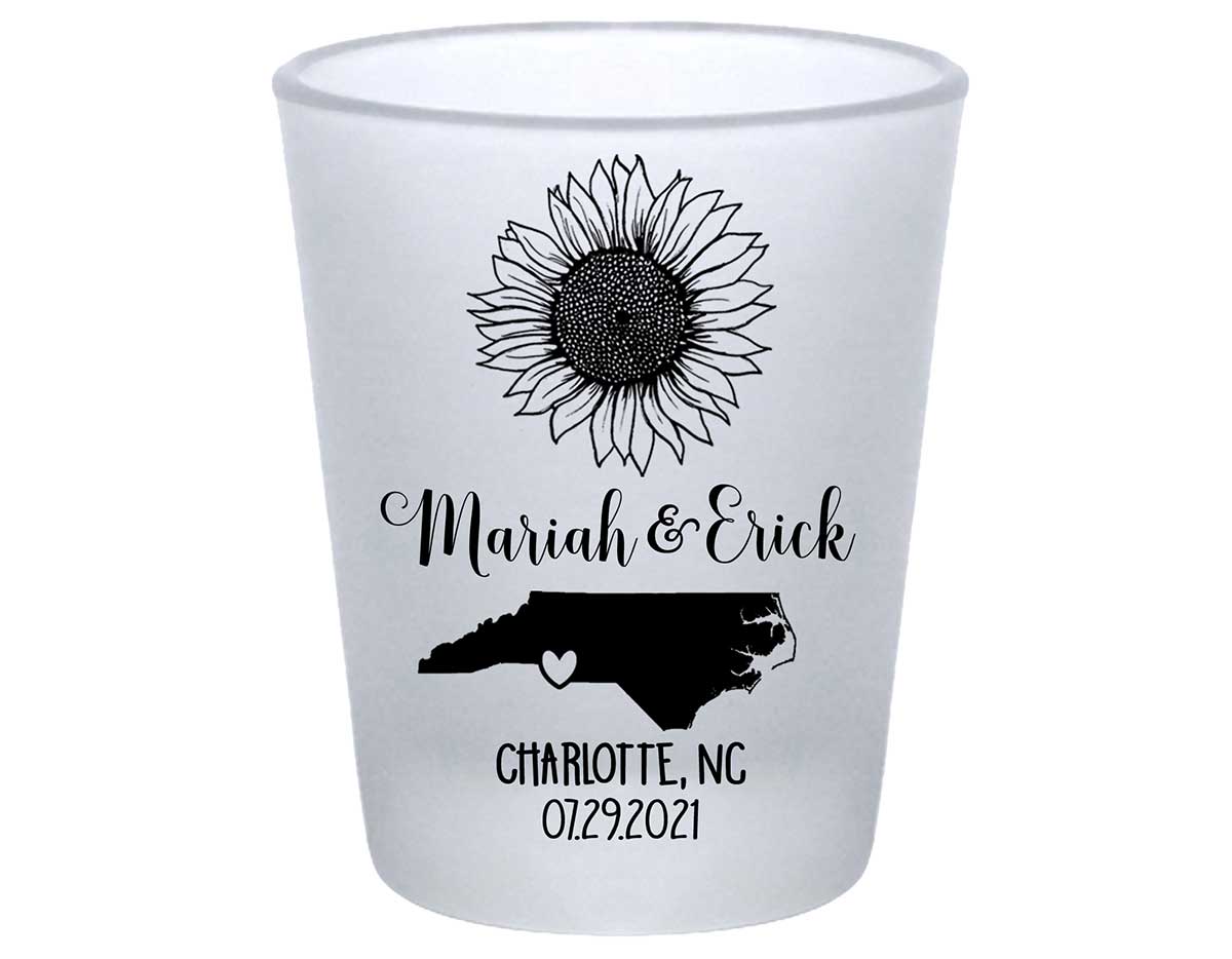 Country Sunflower 1E Any Map Standard 1.75oz Frosted Shot Glasses Rustic Wedding Gifts for Guests
