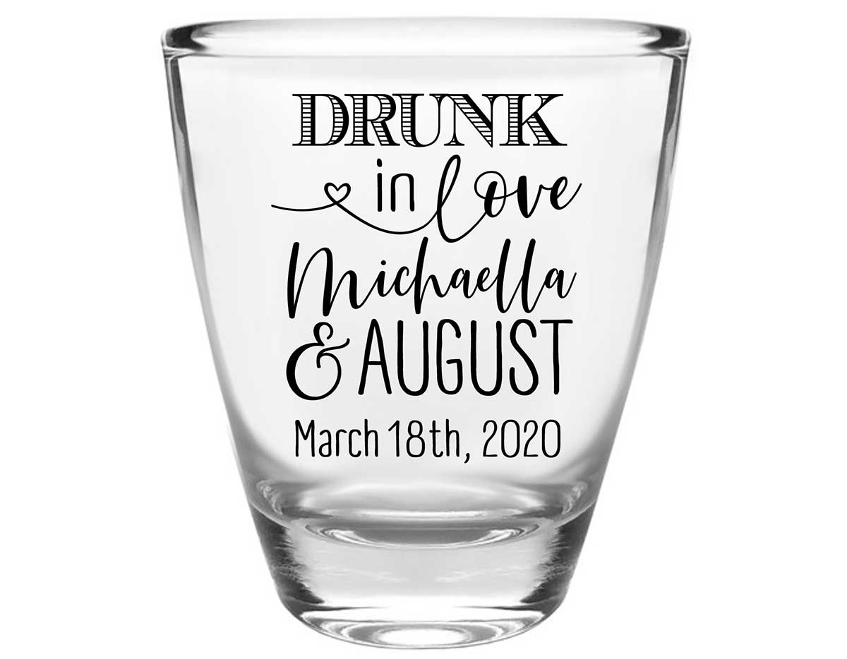 Drunk In Love 1A Clear 1oz Round Barrel Shot Glasses Funny Wedding Gifts for Guests